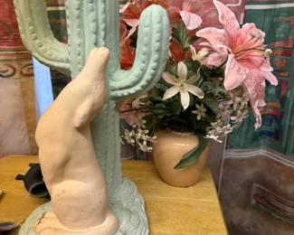 Pastel Colored Coyote With Cactus Statue Figurine