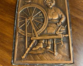 Hammered Embossed Copper Folk Art Plaque with Wool Spinning Wheel Design