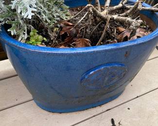 Blue Drip Glazed Oval Ceramic Planter with Planted Tulips and Dusty Miller
