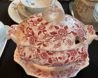 3 Piece Soup Tureen  with Red/White Floral Design - Made in Japan