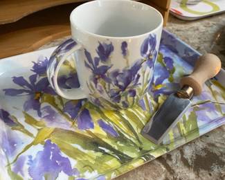 Ashdene Melamine Scatter Snack Tray and Bone China Mug wit Blue Dutch Iris Pattern