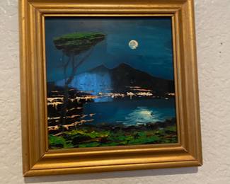 Framed Impressionist Oil Painting of Naples Italy at Night