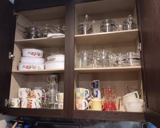 Glass percolator, corningware, measuring cups.