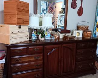 Jewelry boxes, powder boxes, wooden purses, triple dresser and mirror
