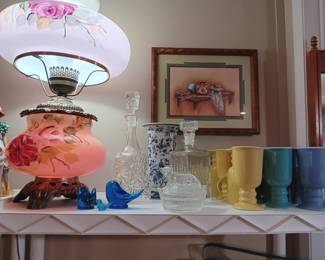 Gone with the wind lamp, blue birds, crystL decanters 