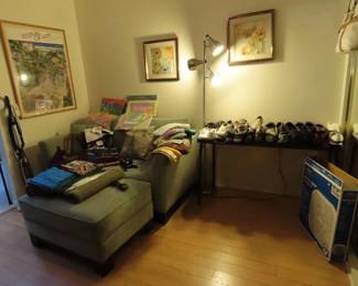 Shoes, framed art, box fan, throws, quilts.