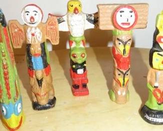 Vintage Lot of Small Wooden Totem Poles Hand Carved & Painted