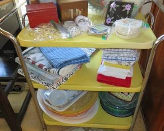 Vintage Yellow/Chrome Metal 3 Tier Utility Stand on Wheels