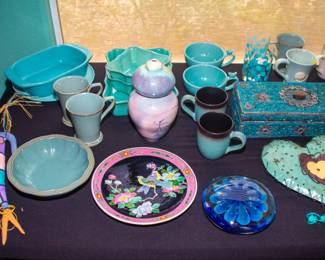Assortment of blue/teal ware and display art