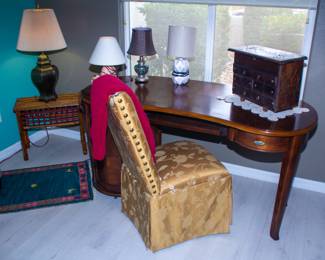 Ornate desk and chair, various lamps