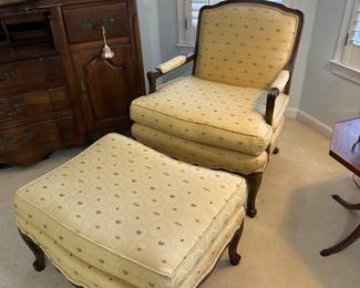 Adorable upholstered chair and ottoman with little embroidered dragonflies, lady bugs and butterflies 