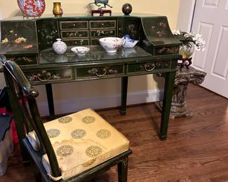 Dark green laquer chinoiserie style desk and desk chair 
