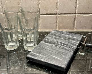 (4) Water Glasses & Marble Cheese Board