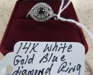 14K White Gold Blue Diamond Ring