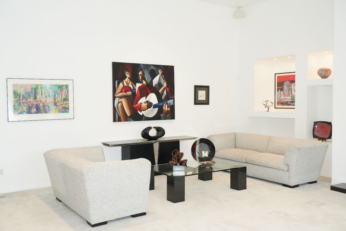 Modern Contemporary Furniture and Fine Art, including an Original Early Painting by Eric Zener, Bronze Sculptures by Rico and L. Bronstein and a Gorgeous Black Onyx Geometric Sculpture by O'Neil. 