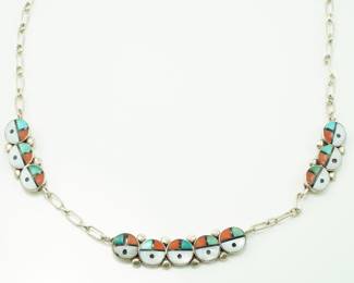 Zuni MOP, Turquoise, Coral & Onyx Necklace