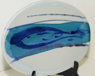 Oval Blue & White Abstract Stoneware Platter
