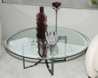 Vintage Round Glass Top Coffee Table with Metal Base