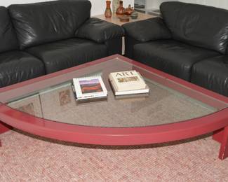 Red Wood Framed Triangular Glass Top Coffee Table
