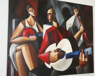 "The Jazz Players" Original Oil Painting by Eric Zener. An early work of Eric's signed by him on the front lower left and again on the back. 