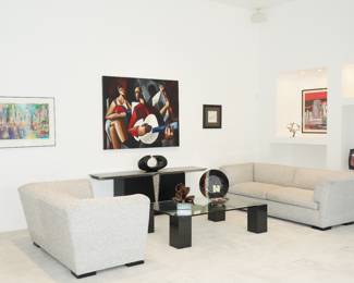 Modern Contemporary Furniture and Fine Art, including an Original Early Painting by Eric Zener, Bronze Sculptures by Rico and L. Bronstein and a Gorgeous Black Onyx Geometric Sculpture by O'Neil. 