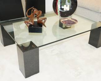 Mid-Century Glass Top Coffee Table with Solid Granite Corner Legs.