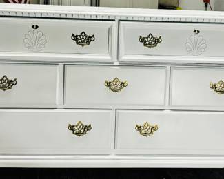 Cottage Coastal White Double Dresser Gold Hardware | Solid Wood | 7 Drawers