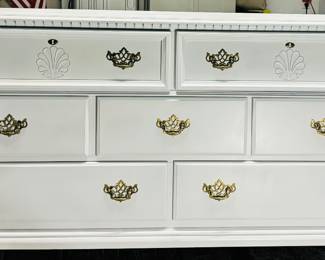 Cottage Coastal White Double Dresser Gold Hardware | Solid Wood | 7 Drawers