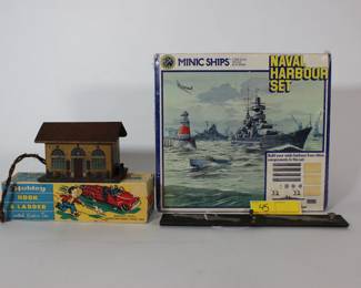 45. Box of Models Train Accessories & Fire Truck