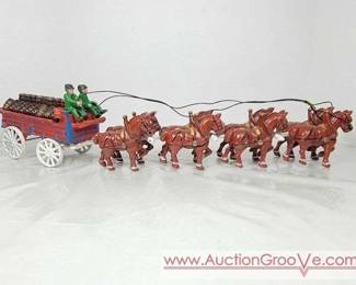 Vintage Cast Iron Beer Wagon with Horses, dog, 2 men, and barrels