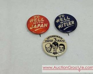 14 WWII Patriotic Buttons. EXTERMINATE THESE 3 RATS TO HELL WITH JAPAN, and TO HELL WITH HITLER