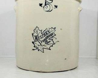 Western Stoneware Co. Crock. 5 gallon. No cracks. Rings clear. Small Chip on handle.