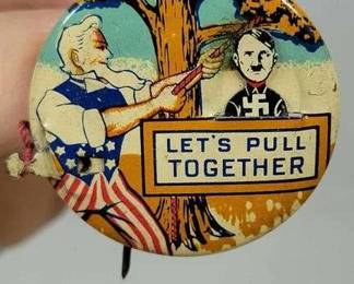1 AWESOME MECHANICAL BUTTON Uncle Sam Hanging Hitler Mechanical Button. Lets Pull Together.