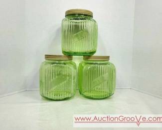 THREE Vintage Green Uranium Glass Canisters