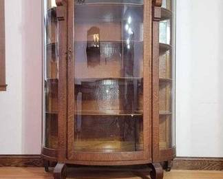 2 Gorgeous Tiger Oak Curved Glass Curio Cabinet.
