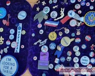13 OVER 200 Pinback Buttons, Ribbons, Pins, POLITICAL, MILITARY, PATRIOTIC, LOCAL, NATIONAL MORE Wilke, McArthur, DeweyBrickerWarren, Roosevelt, FDR, Kohler, ICE CAPADES, Advertising, Rotary