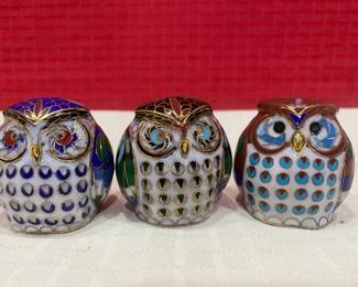Trio Of Cloisonne Owls