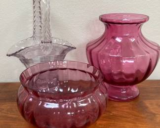 Lilac Depression Glass Basket And Pink Glass Vases