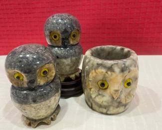Trio Of Hand Carved Italian Alabaster Owls 