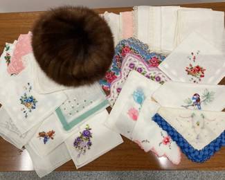 Claude Riviere Mink Hat And Hand Embroidered Hankies 