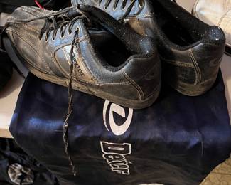 Bowling balls, rack, shoes, bowling bags