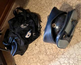 Bowling balls, rack, shoes, bowling bags