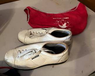 Bowling balls, rack, shoes, bowling bags