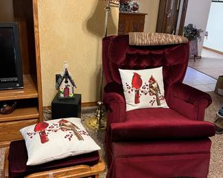 Burgundy Swivel/Glider with glider foot stool - excellent condition