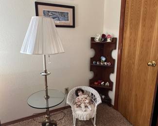 Lamp table and corner wood shelf