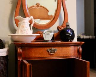 Vintage vanity mirror storage cabinet with drawer