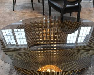 Ambella Pick Up Sticks coffee table with custom made smoked bronze glass top. W:51" x D:30" x H:18.5" 