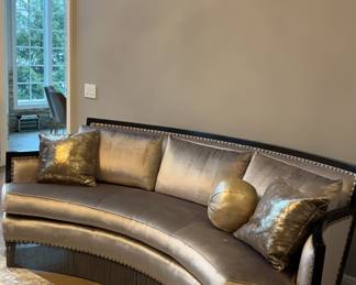 Marge Carson custom made sofas with throw pillows. 2 available. Beautiful details like chain skirt. Approx dimensions 90in wide and 36in deep. 