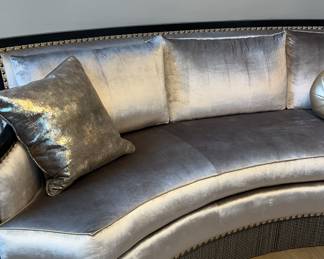 Marge Carson custom made sofas with throw pillows. 2 available. Beautiful details like chain skirt. Approx dimensions 90in wide and 36in deep. 