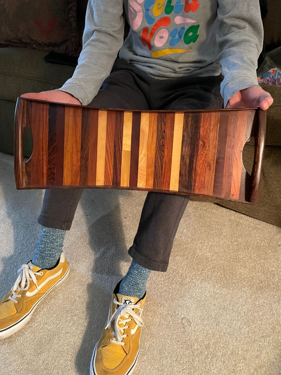 1970s Mexico bar service tray exotic wood stripe by Don Shoemaker for Senal